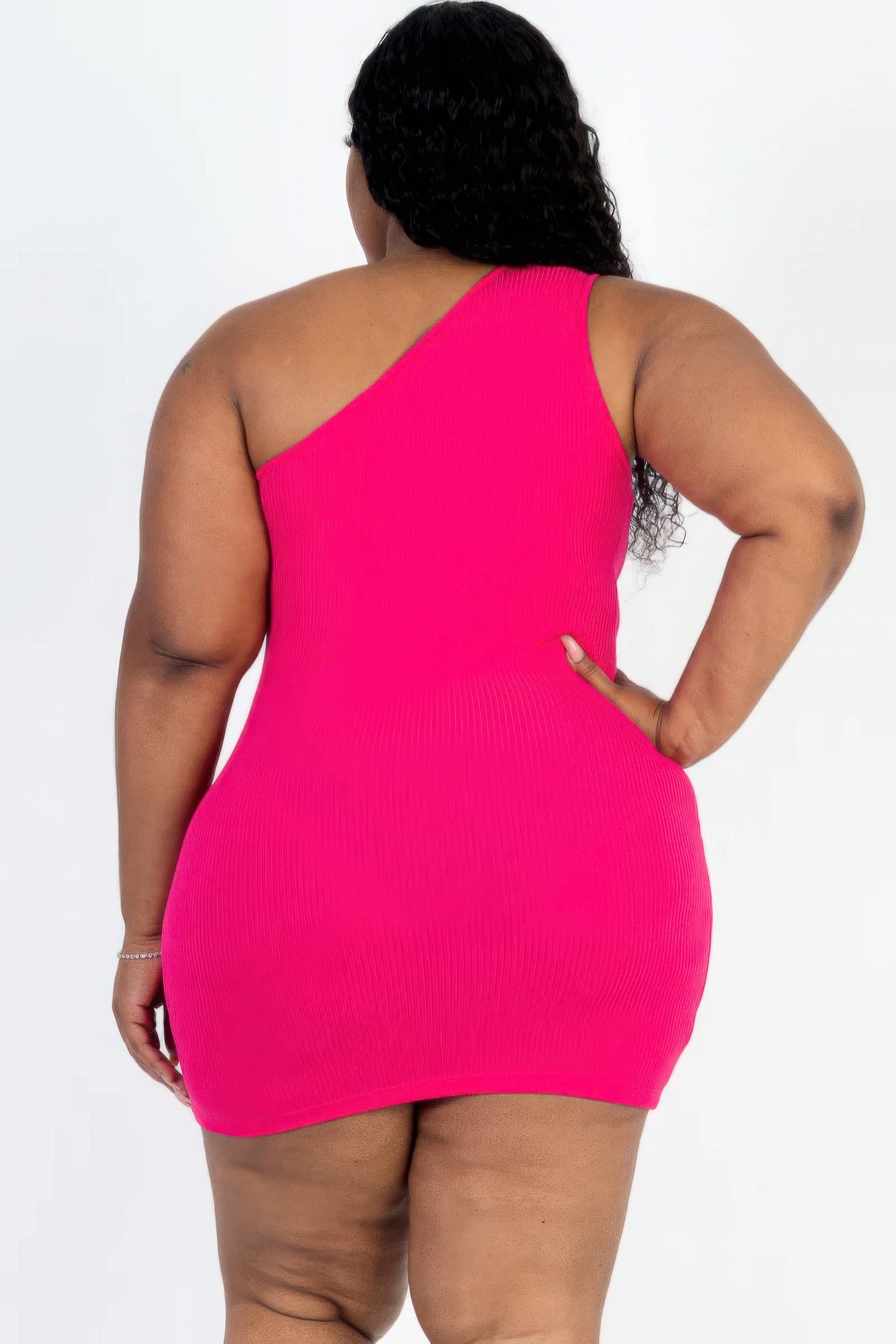 Plus Size Ribbed One Shoulder Cutout Front Casual Mini Bodycon Dress