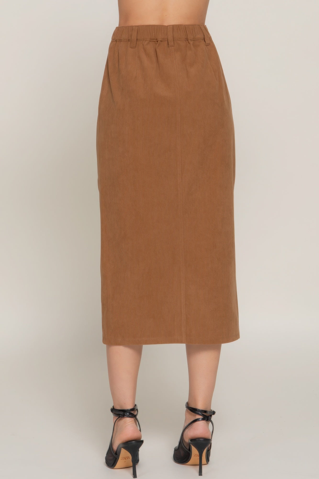 Front Open Slit Corduroy Midi Skirt